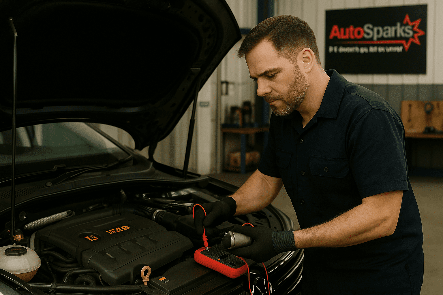 Mechanic Diagnosing Car Inside Autosparks Workshop. auto electrician Ashburton