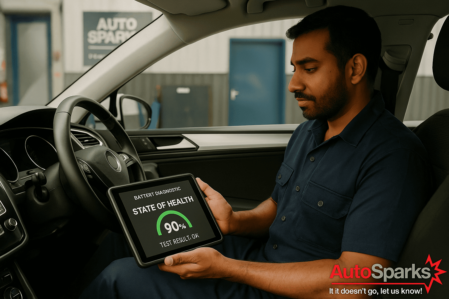 Electrician Conducting EV Battery Test; battery health EV hybrid