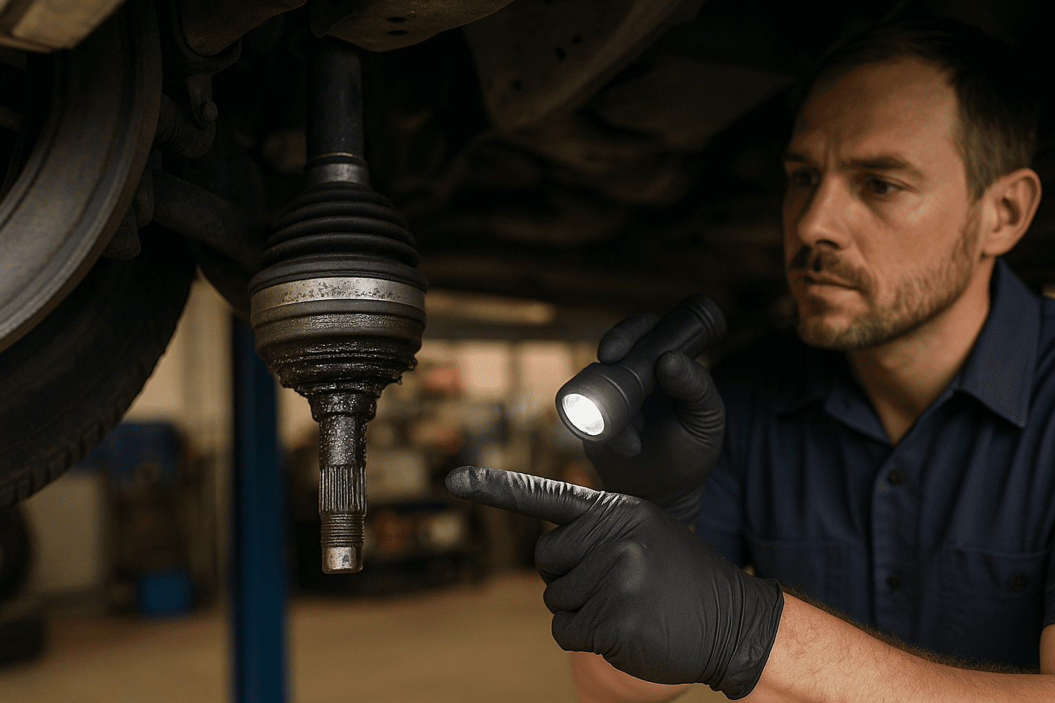 CV joint replacement Ashburton CV joint replacement Ashburton; Mechanic under a raised vehicle pointing with a flashlight at a worn CV joint with grease and visible damage, workshop background blurred.