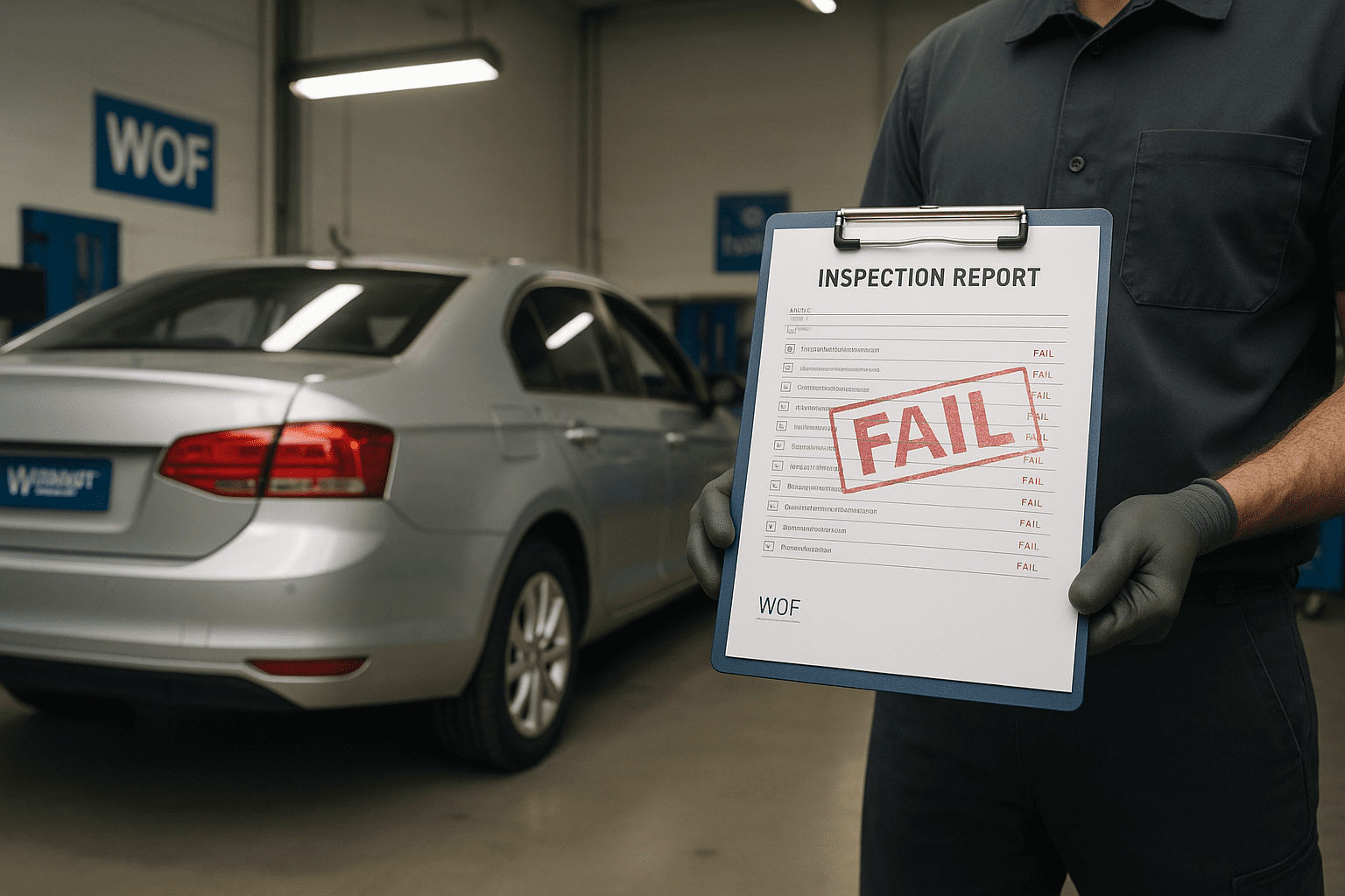 WOF fail WOF fail; Mechanic in a clean workshop holding a clipboard with inspection report marked FAIL, mid-sized car under inspection light, WOF signage visible in background.