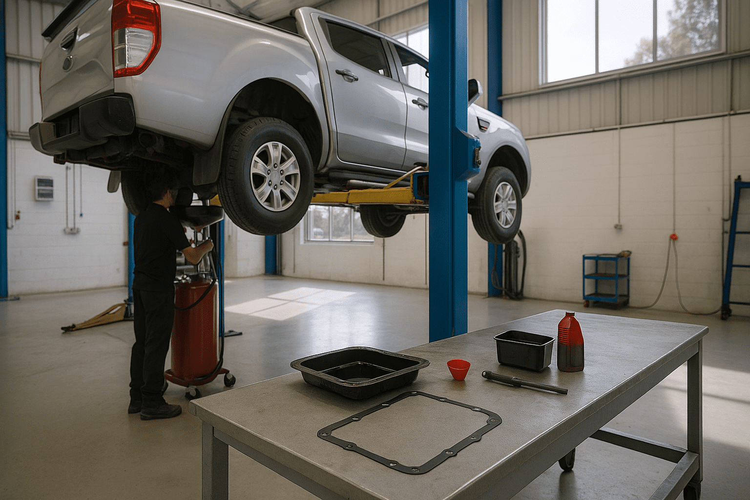 automatic transmission service automatic transmission service; Mechanic in a bright Ashburton workshop servicing a ute on a hoist, with transmission pan, gasket, and tools laid out on a nearby bench.