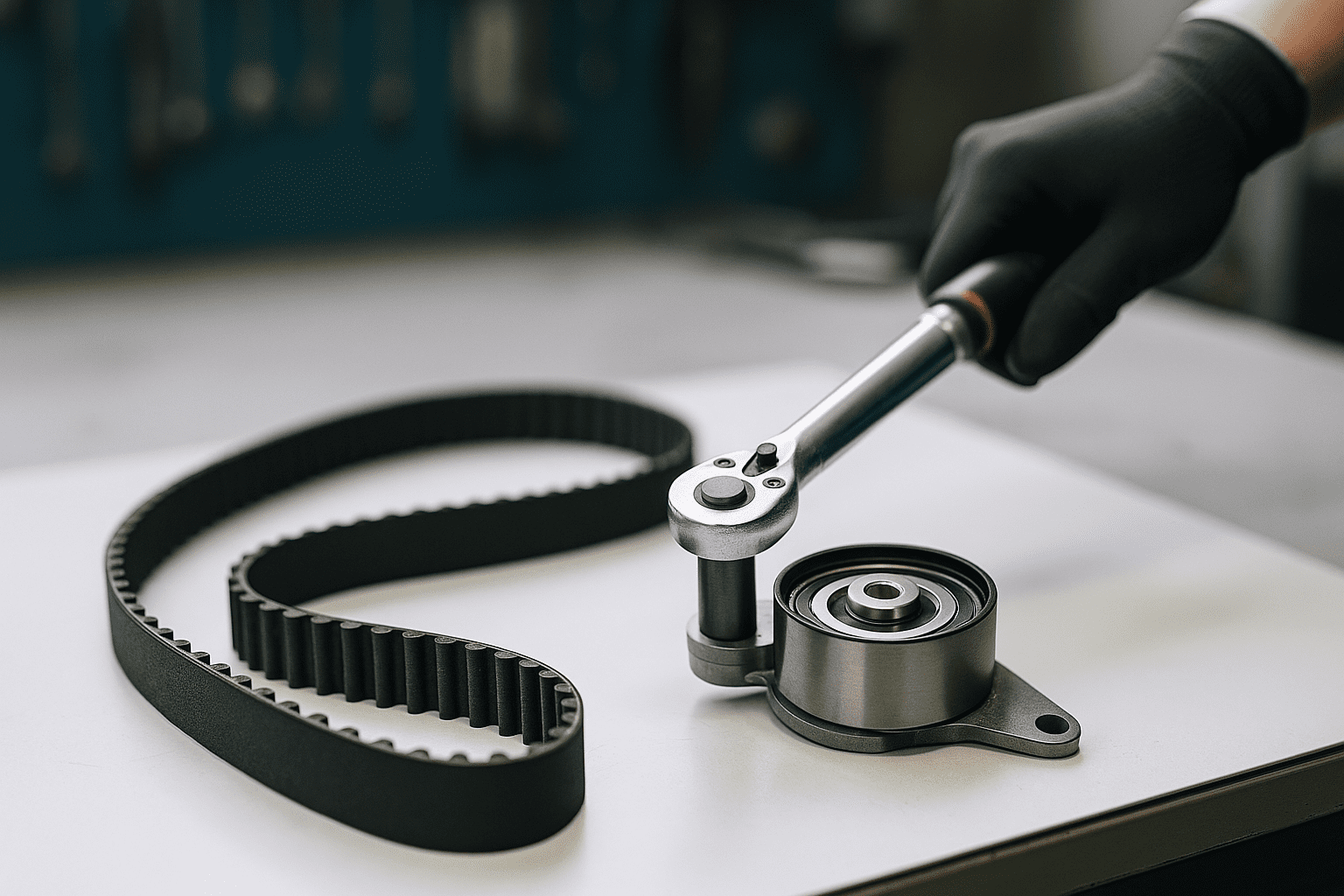 cambelt replacement Close-up of a pristine timing belt and tensioner on a clean workshop bench, with a technician’s gloved hand tightening using a torque wrench, blurred workshop tools in the background. cambelt replacement