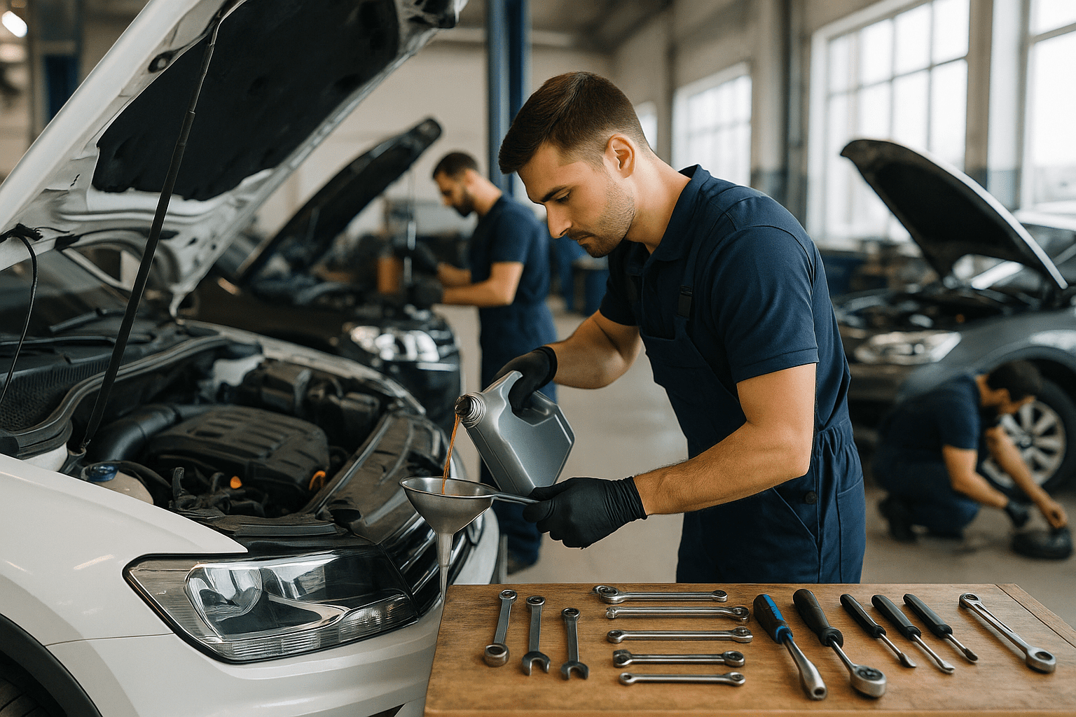 car service Ashburton car service Ashburton; Mechanics in a bright workshop performing a standard car service: one pouring oil through a funnel, another checking fluid levels, and a third inspecting tyres and brakes, with tools neatly laid out on a bench.