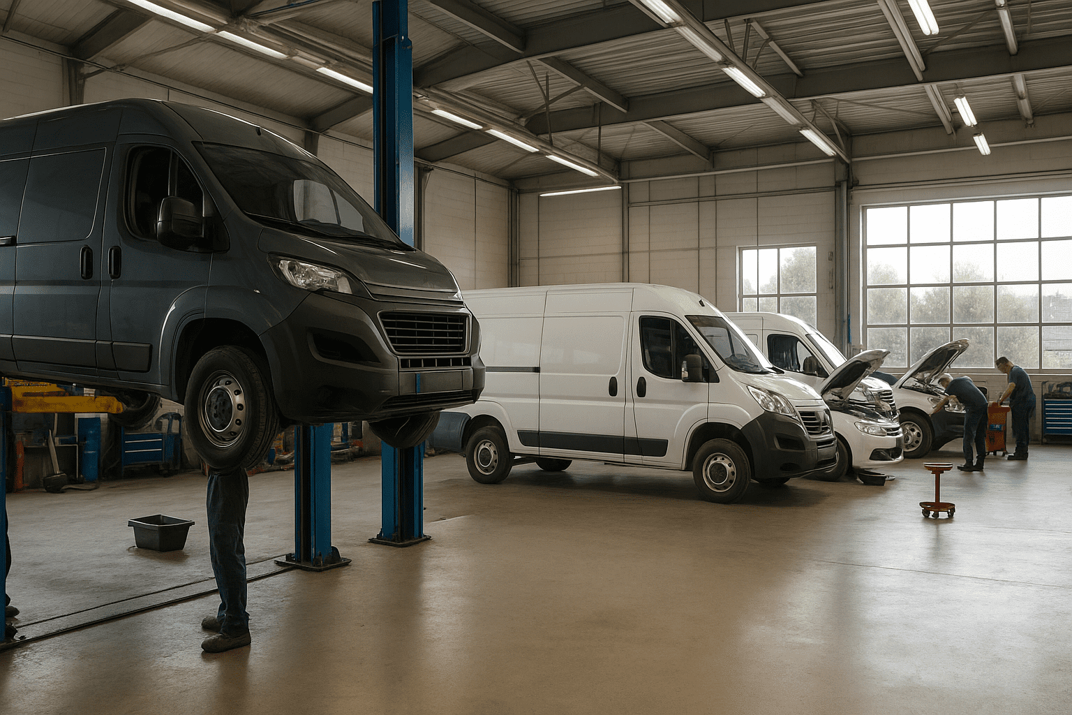 fleet servicing Ashburton fleet servicing Ashburton; Bright and organised workshop in Ashburton with several trade vans being serviced, one vehicle on a hoist, mechanics working nearby, and sunlight streaming through large windows